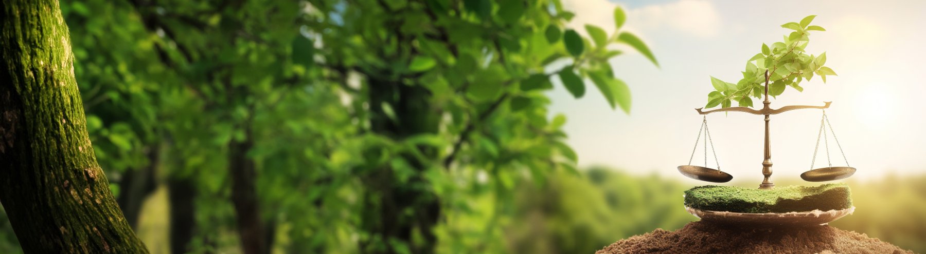 Klimagerechtigkeit Waage steht auf einem Stein im Wald als Symbol für Gerechtigkeit.